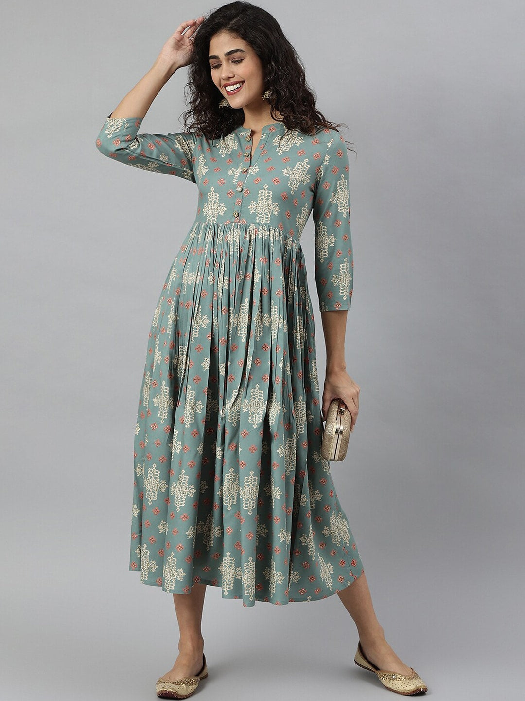 Kalini Women Turquoise Blue & Beige Ethnic Motifs Printed Anarkali Kurta - Distacart