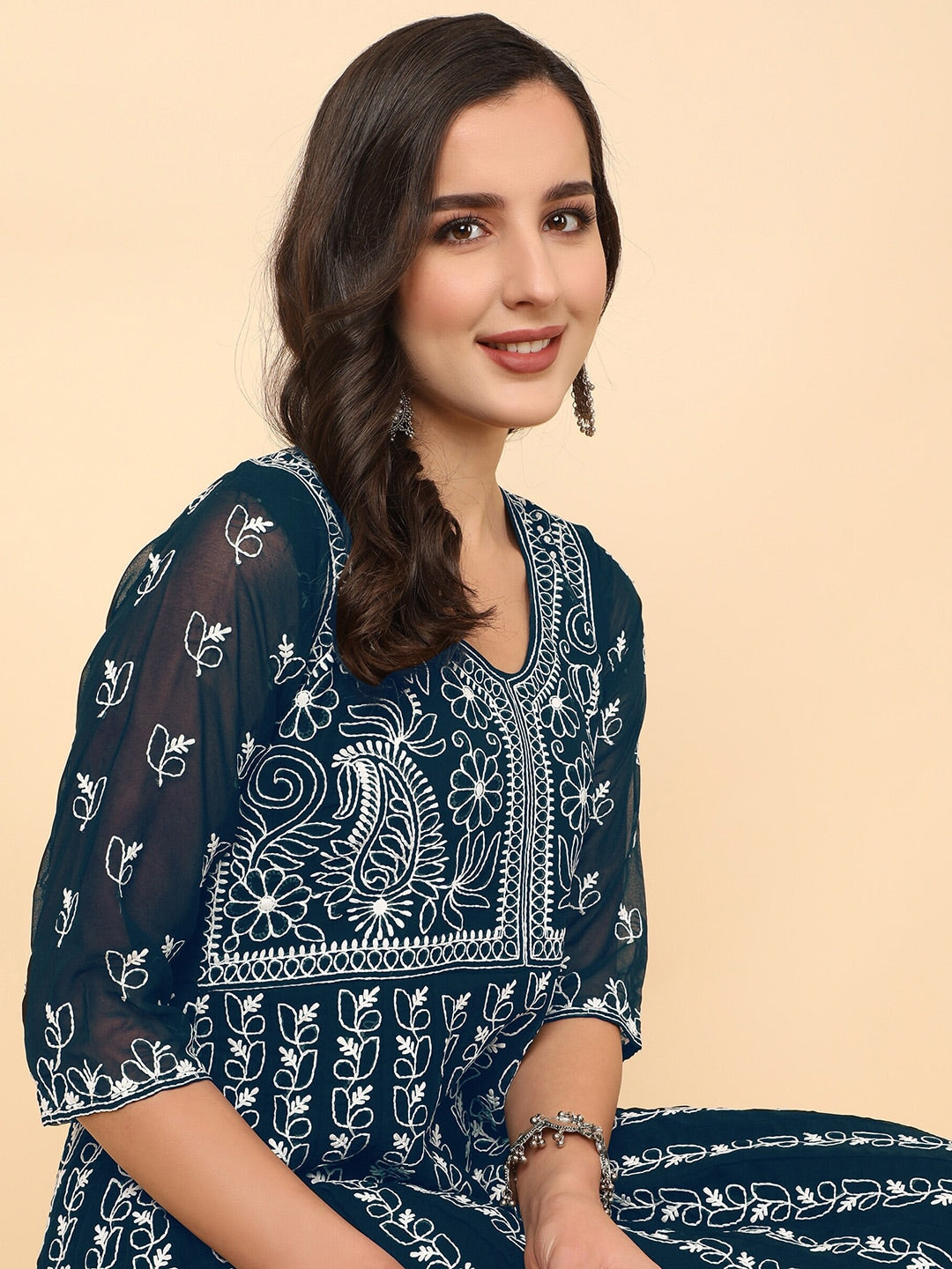 HERE&NOW Women Chikankari Embroidered Thread Work Georgette Anarkali Kurta - Distacart