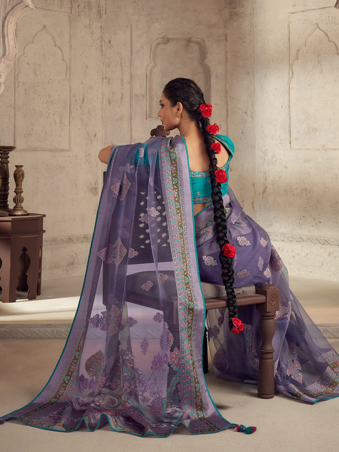 Mitera Violet & Blue Ethnic Motifs Printed Brasso Saree - Distacart