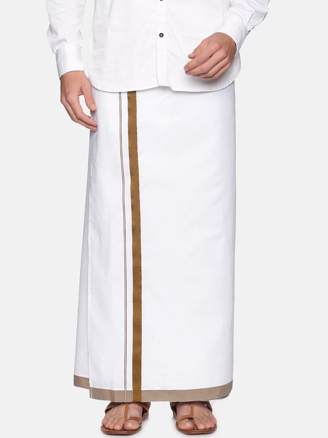 Sethukrishna Men White & Brown Solid Cotton Dhoti - Distacart