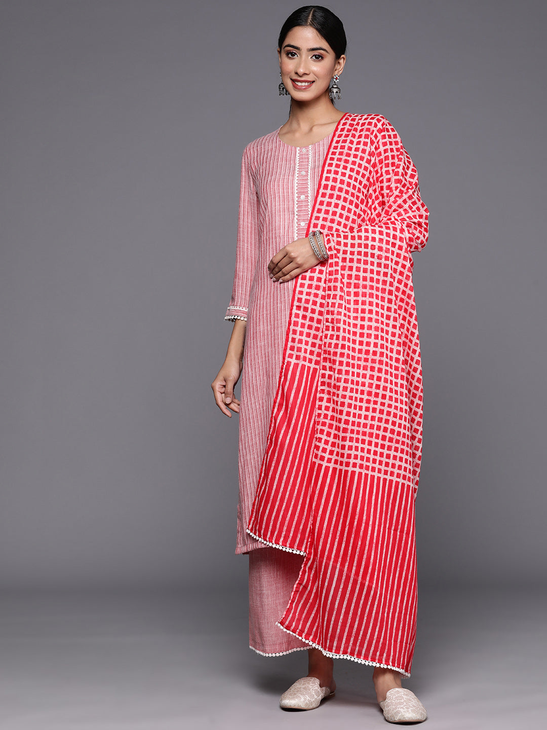 Biba Self-Striped Striped Kurta with Palazzos & Dupatta - Distacart