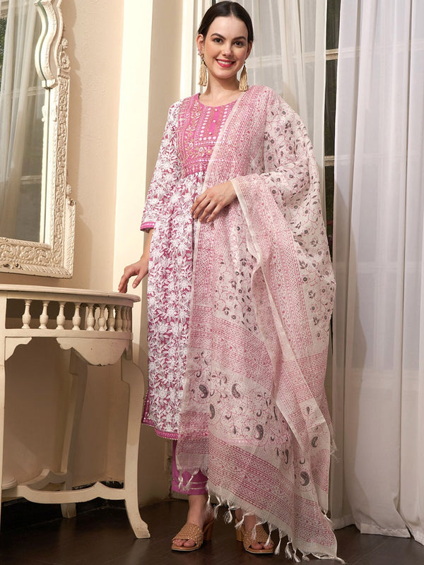 Sangria Mauve Embroidered Straight Pure Cotton Kurta With Trouser & Dupatta - Distacart