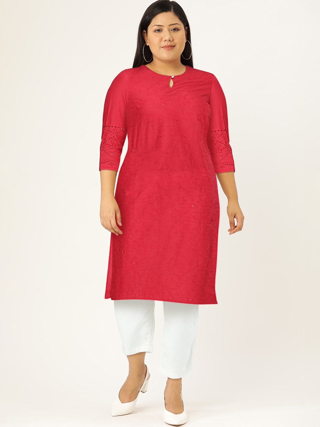 HERE&NOW Women Pure Cotton Floral Embroidered Keyhole Neck Thread Work Kurta - Distacart