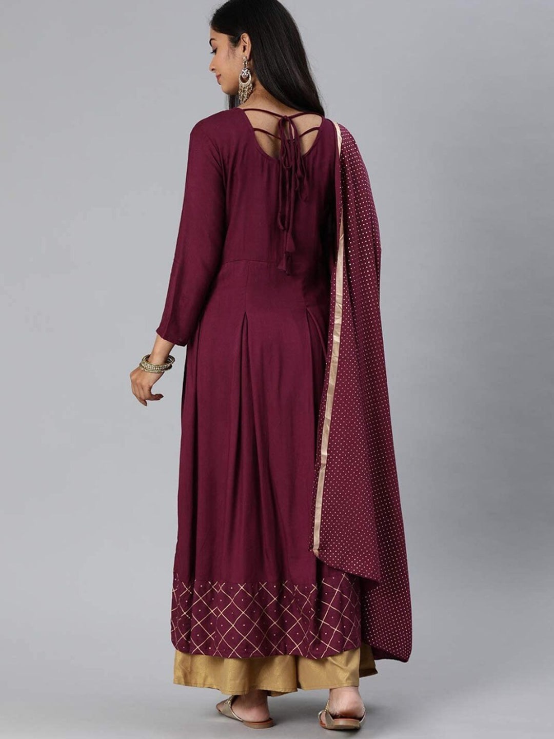 Kalini Women Burgundy Panelled Kurta with Palazzo & With Dupatta Set - Distacart