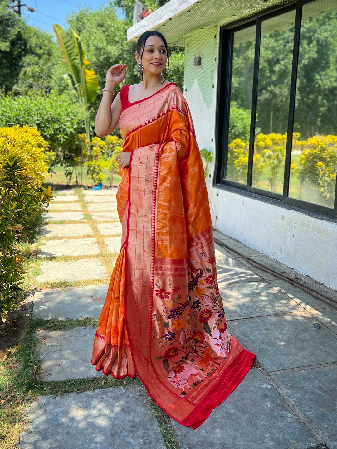 Mitera Orange Ethnic Motif Woven Design Zari Paithani Saree - Distacart