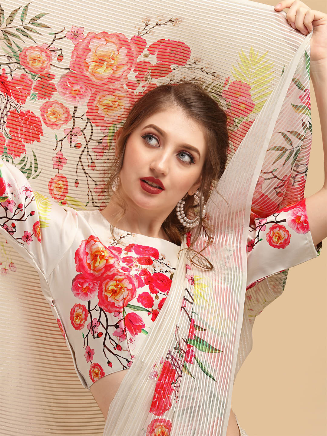 Sangria Off White & Red Floral Satin Designer Saree - Distacart