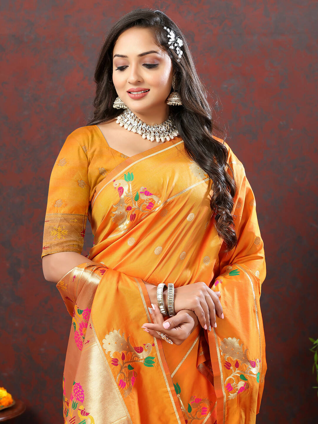 Lorenvalley Fashion Orange Soft Paithani Silk Woven Design Gold Zari Meenakari Weaving Saree - Distacart