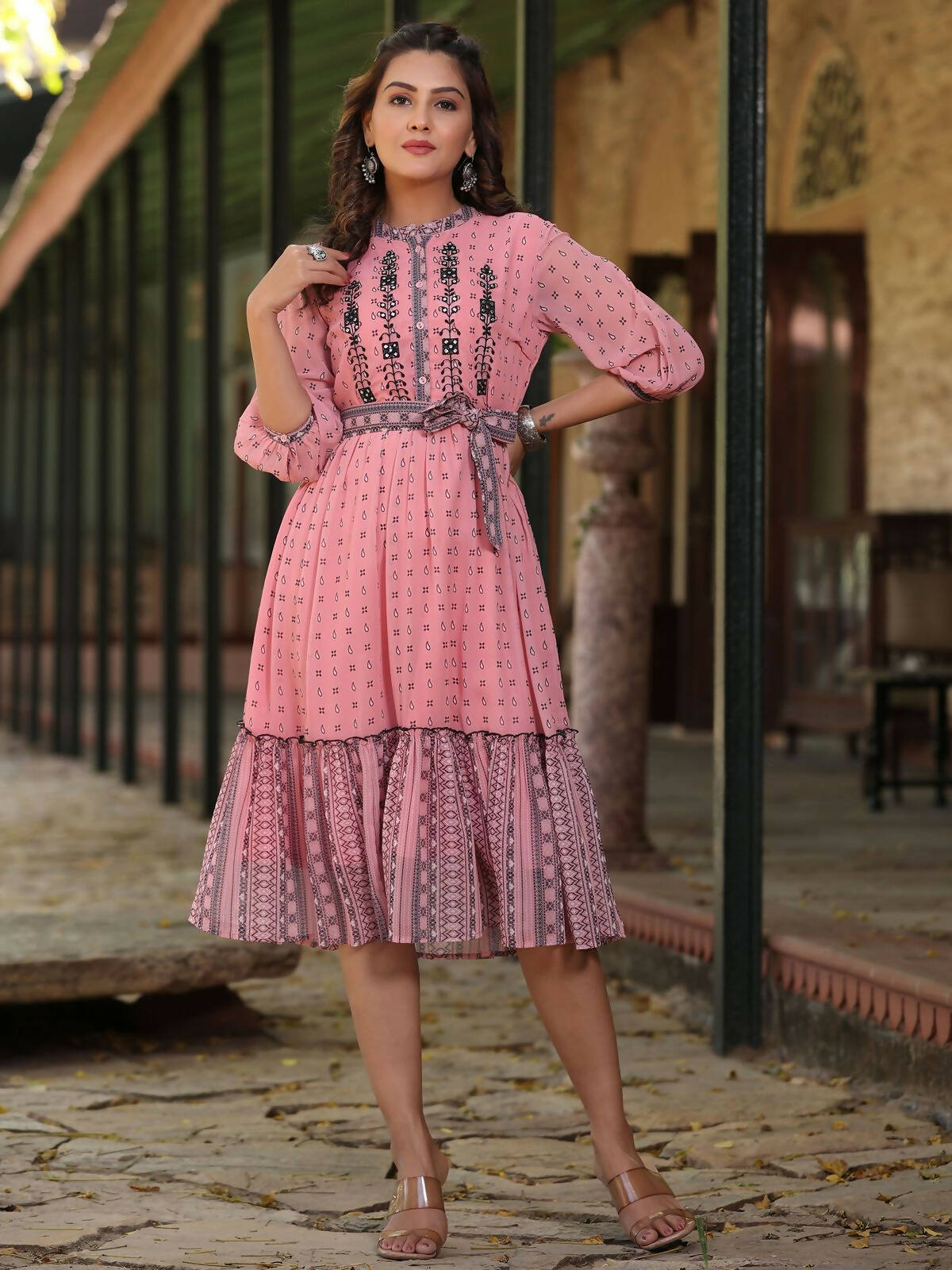 Juniper Women's Pink Georgette Printed Flared Dress - Distacart