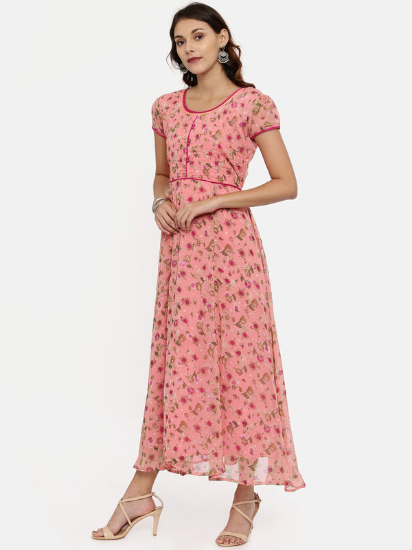 description souchii women pink printed fit and flare beautiful dress