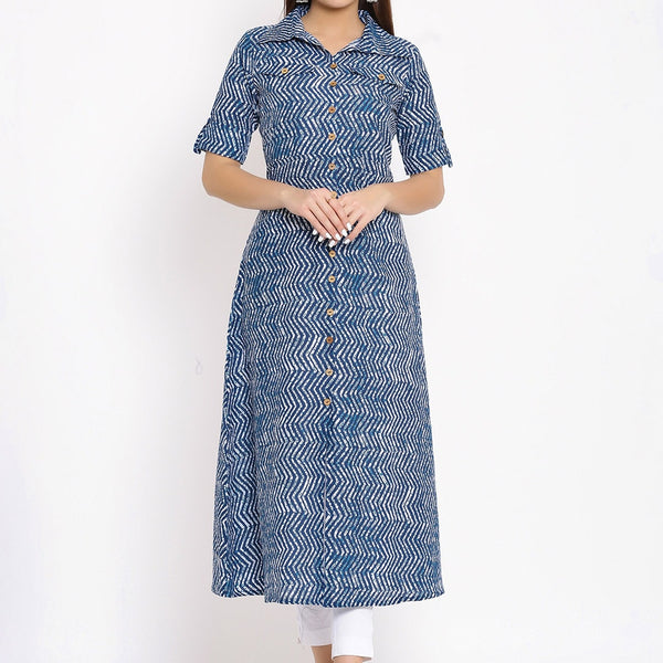 HERE&NOW Blue & White Shirt Collar Chevron Printed A-Line Kurta - Distacart