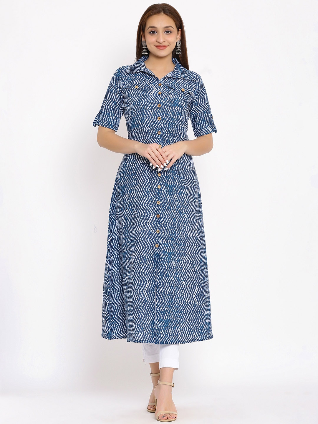 HERE&NOW Blue & White Shirt Collar Chevron Printed A-Line Kurta - Distacart