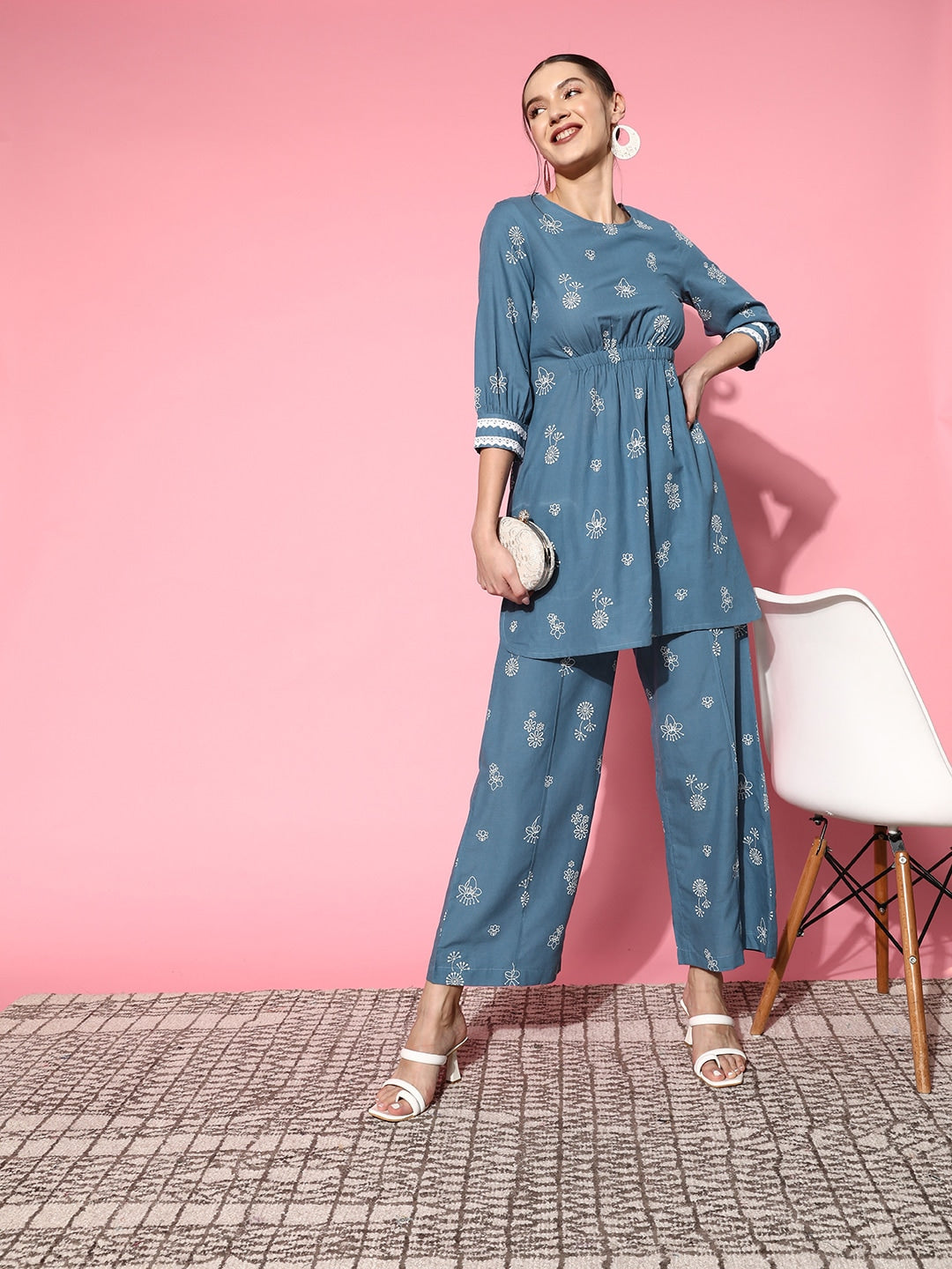 Sangria Women Blue Ethnic Motifs Printed Empire Pure Cotton Kurta with Palazzos - Distacart