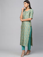 Thumbnail for Kalini Women Sea Green Ethnic Motifs Woven Kurti with Trousers & With Dupatta - Distacart
