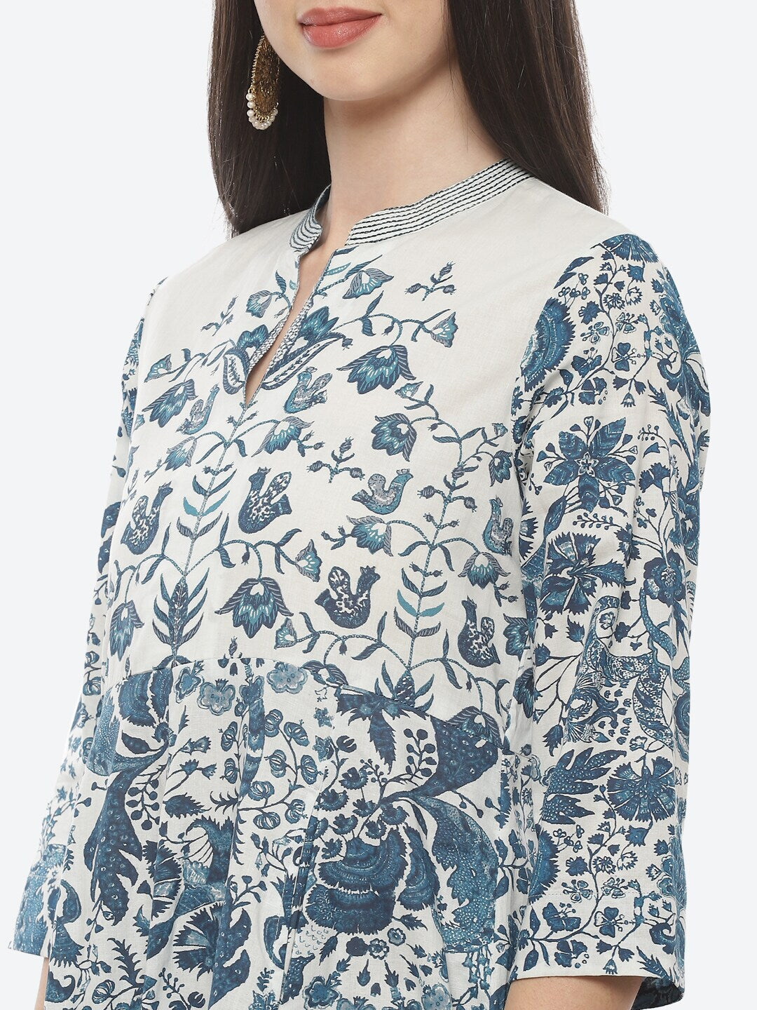 Biba Women White & Blue Floral Printed Pure Cotton Kurta With Trousers & Dupatta - Distacart