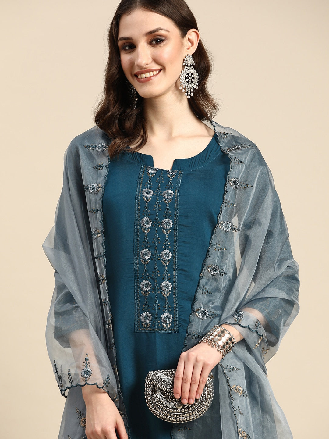 Sangria Women Teal Blue Embroidered Pure Cotton Kurta with Trousers & Dupatta - Distacart