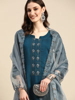 Thumbnail for Sangria Women Teal Blue Embroidered Pure Cotton Kurta with Trousers & Dupatta - Distacart