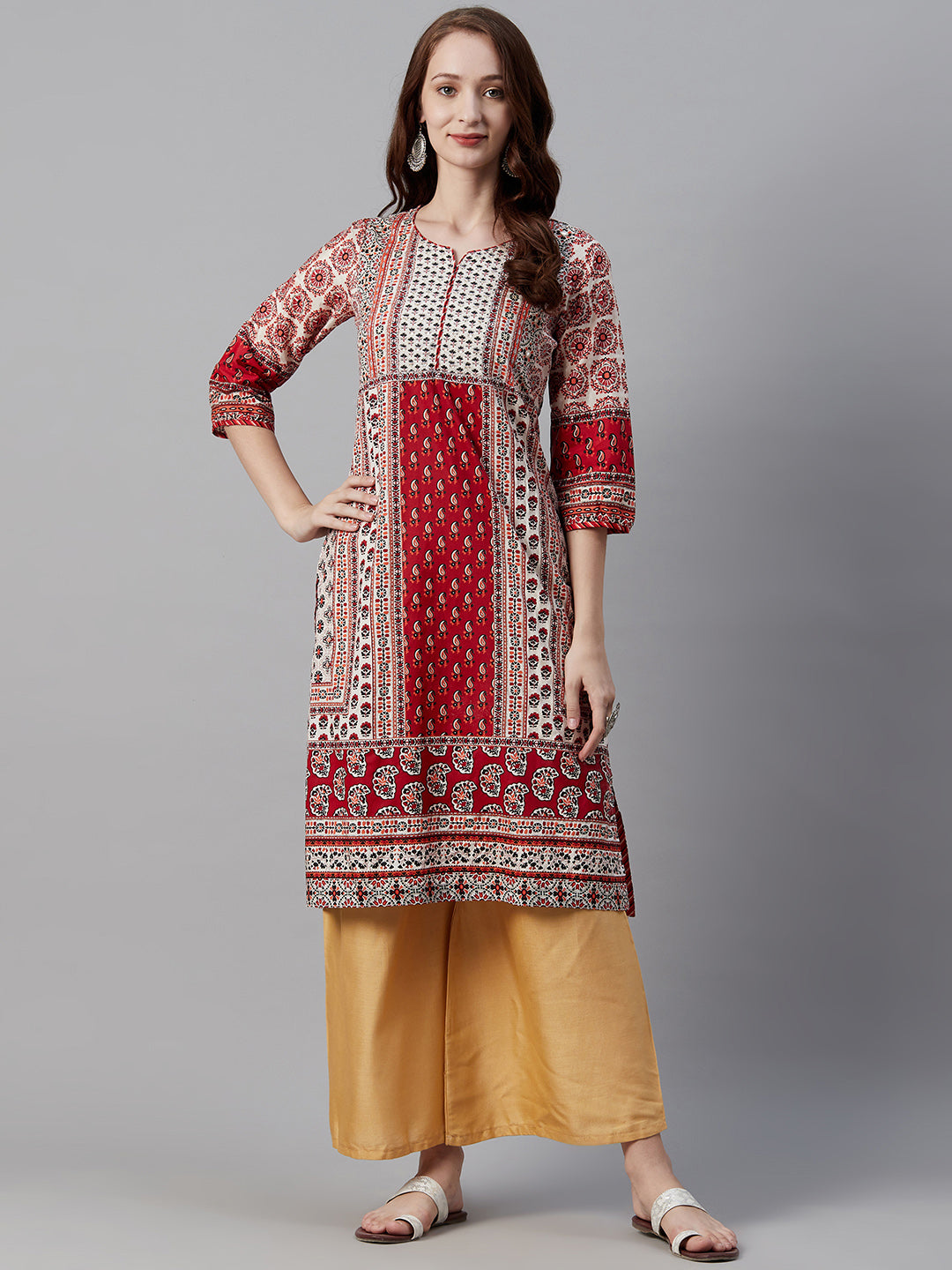 Biba Women Maroon & Off-White Ethnic Motif Print Straight Kurta - Distacart