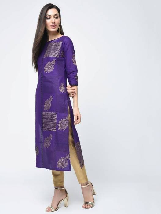 Aniyah Cotton Foil Printed Purple Straight Kurta (AN-134K)
