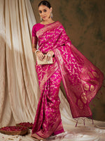 Thumbnail for Sangria Pink & Gold-Toned Floral Woven Design Zari Banarasi Saree - Distacart
