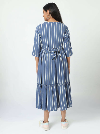 Manet Three Fourth Maternity Dress Striped With Concealed Zipper Nursing Access - Blue - Distacart