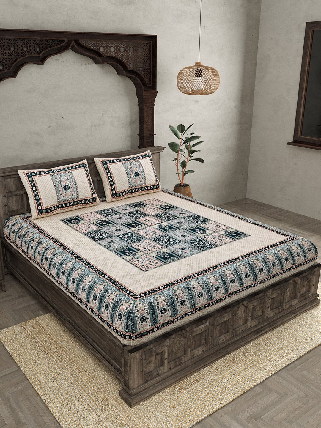 JAIPUR FABRIC Beige & Green Ethnic Motifs Cotton 210 TC Queen Bedsheet & 2 Pillow Covers - Distacart