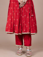 Thumbnail for HERE&NOW Red & Beige Ethnic Motifs Printed Angrakha Gotta Patti Kurta with Trousers - Distacart