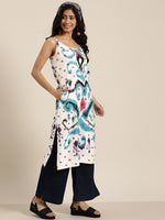 Thumbnail for Sangria Women White & Blue Pure Cotton Ethnic Motifs Printed Straight Kurta - Distacart
