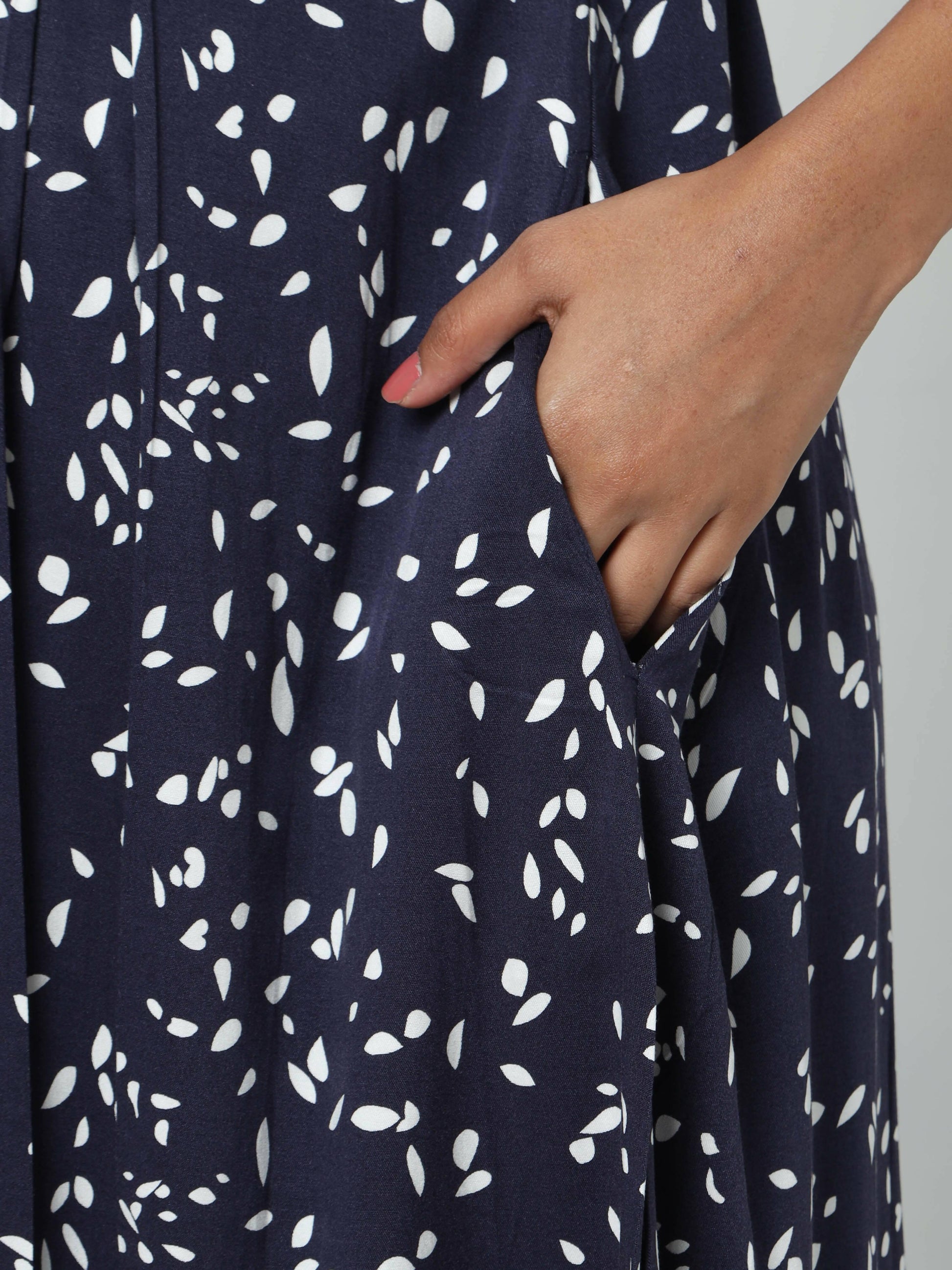 Manet Three Fourth Maternity Dress White Dot Print With Concealed Zipper Nursing Access - Navy Blue - Distacart
