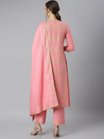Thumbnail for Khushal K Women Pink & Golden Ethnic Motifs Printed Kurta with Trousers & Dupatta - Distacart