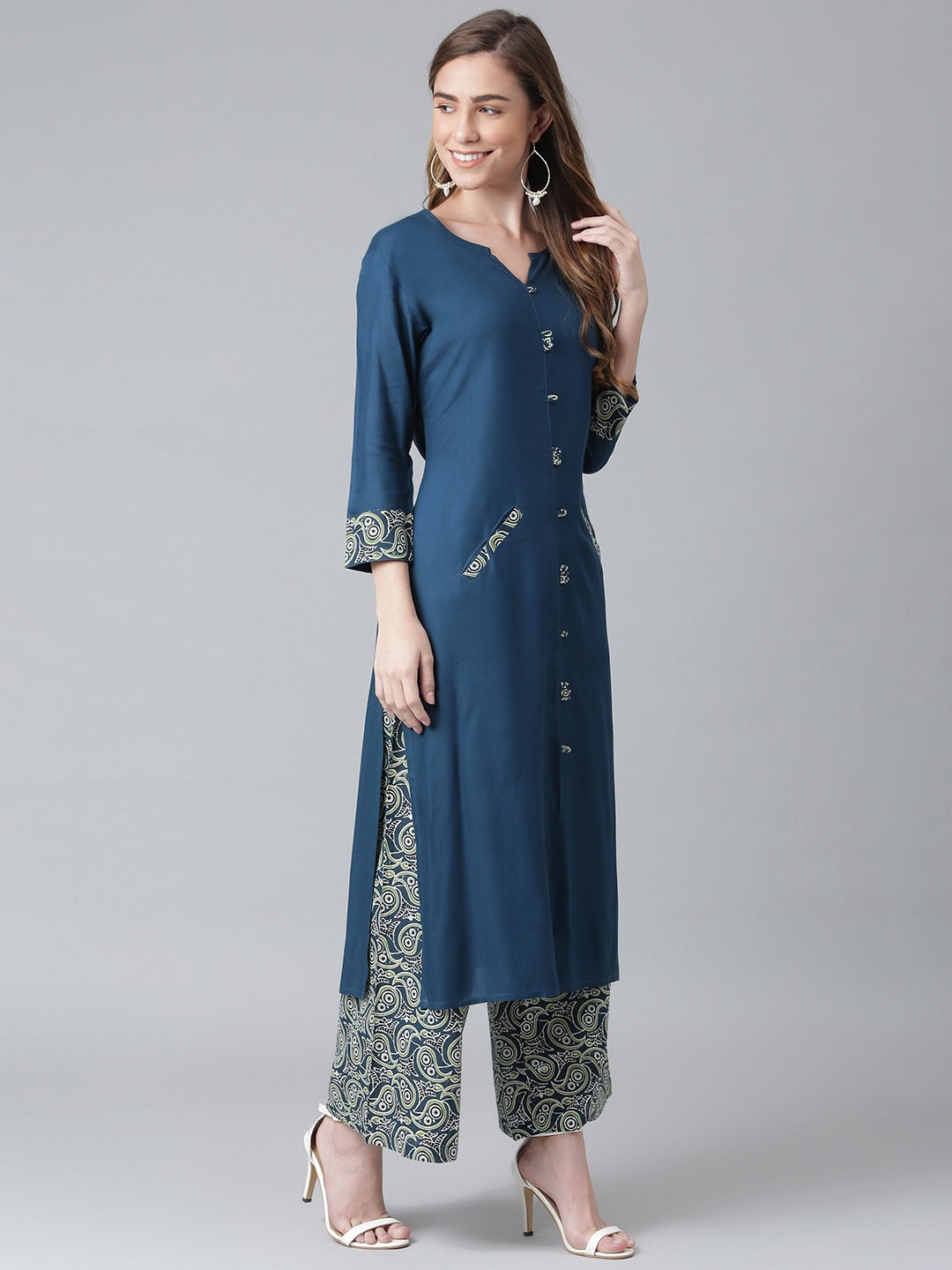 Khushal K Women Teal Blue Printed Kurta with Palazzos - Distacart