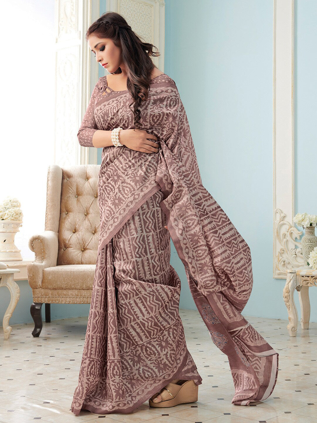 Mitera Women Brown & White Ethnic Motifs Printed Art Silk Bhagalpuri Saree - Distacart