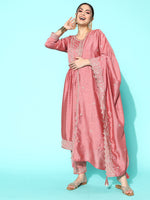 Thumbnail for Sangria Floral Embroidered Regular Sequinned Kurta With Trousers & With Dupatta - Distacart