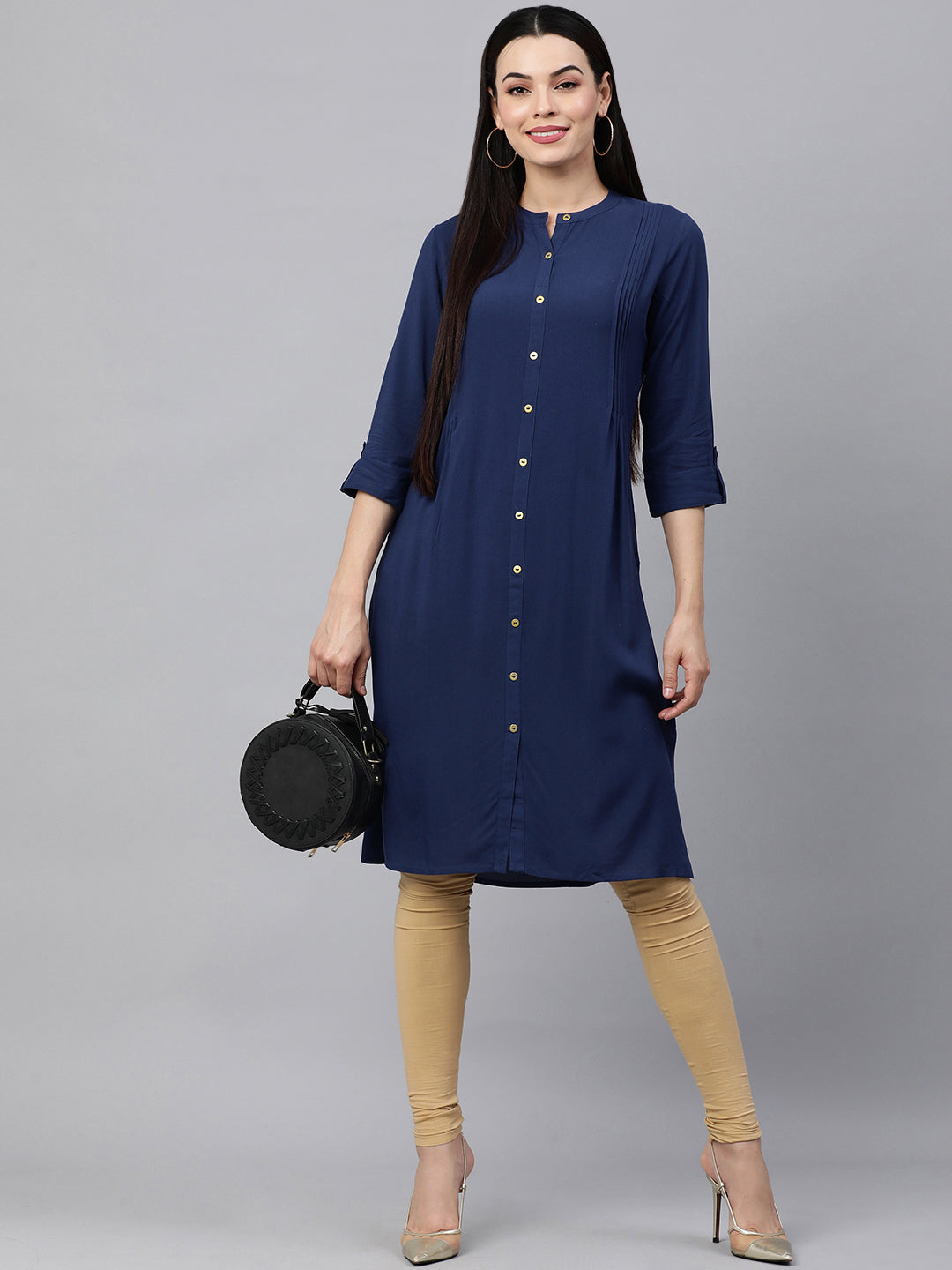 Kalini Women Navy Blue Solid Roll-Up Sleeves Kurta - Distacart