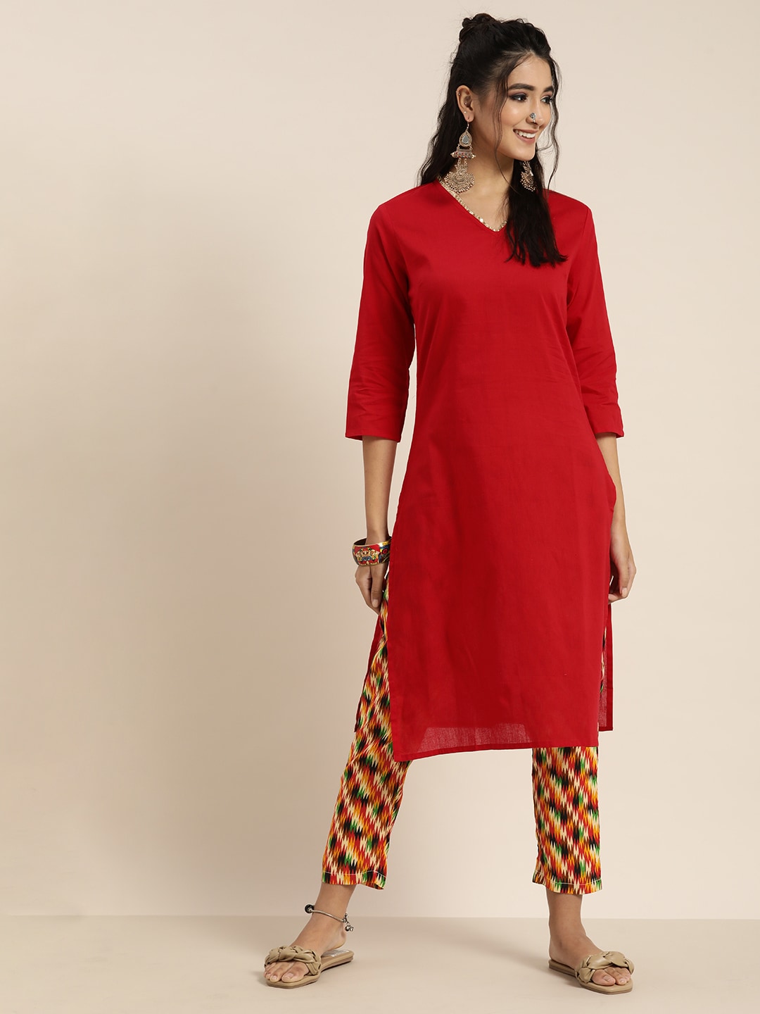 Sangria Women Red Solid Pure Cotton Gotta Patti Kurta with Abstract Print Trousers - Distacart
