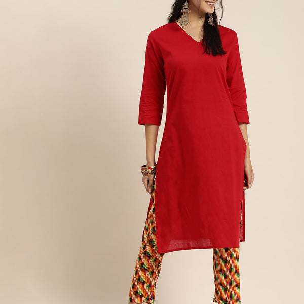 Sangria Women Red Solid Pure Cotton Gotta Patti Kurta with Abstract Print Trousers - Distacart