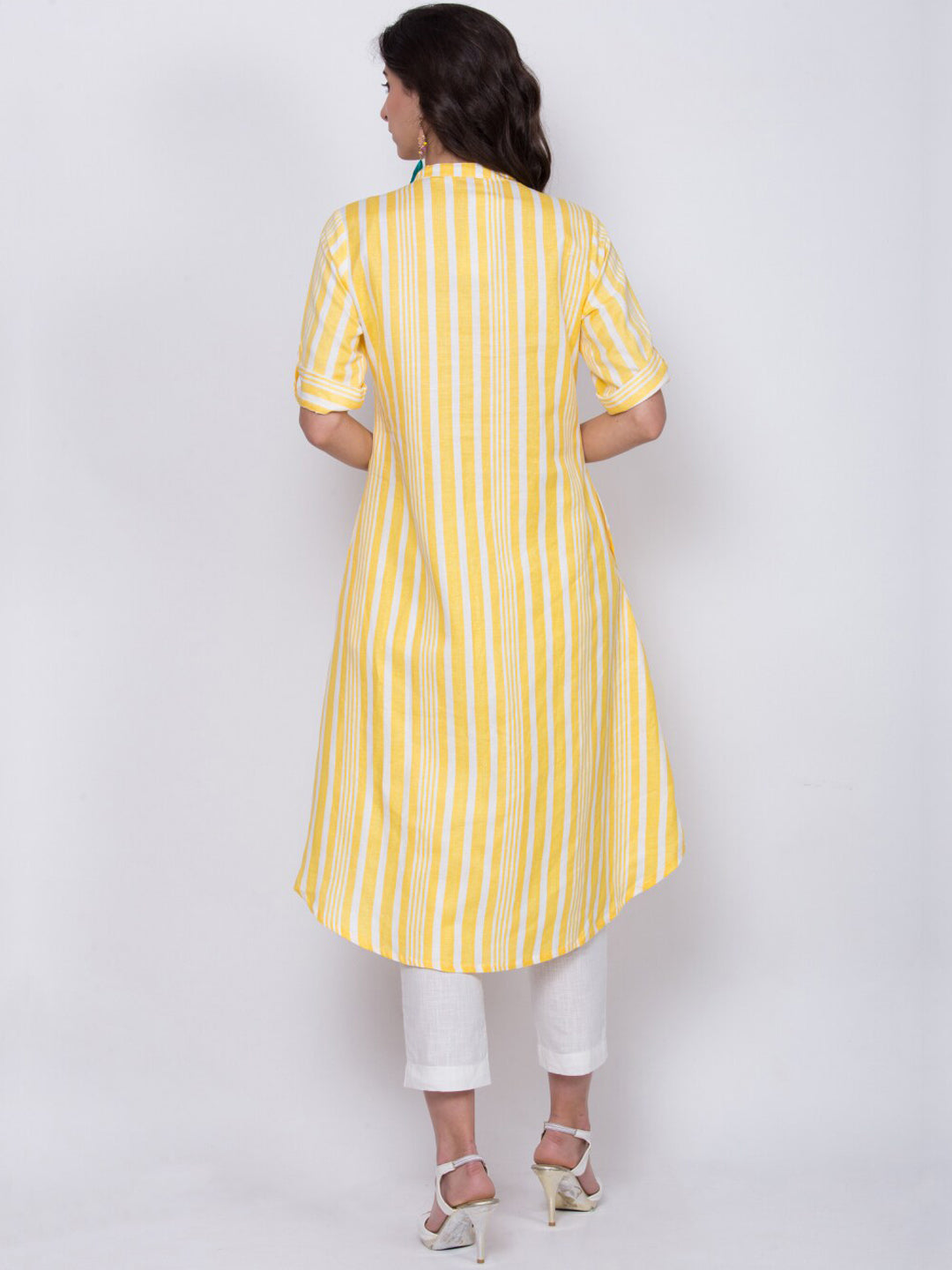 Biba Women Yellow Striped A-Line Kurta - Distacart