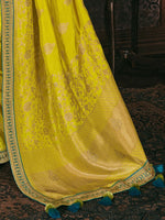 Thumbnail for Mitera Lime Green Floral Woven Design Embroidered Silk Blend Saree - Distacart