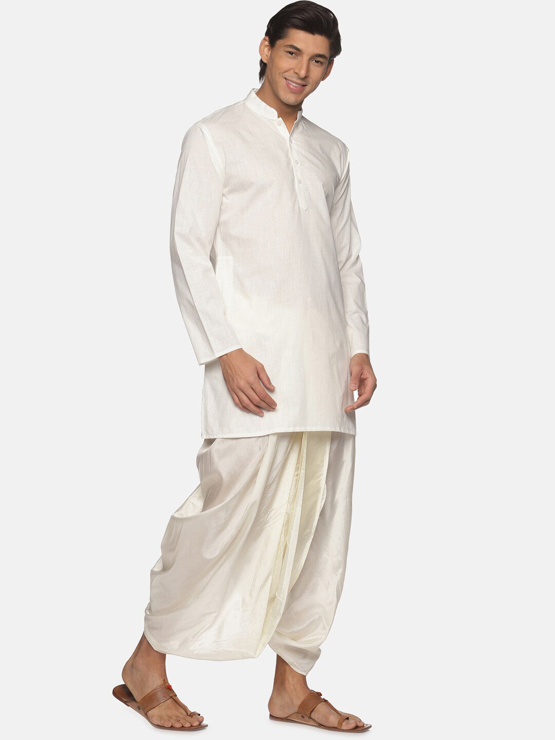 Sethukrishna Men Cream-Coloured Striped Pure Cotton Kurta with Dhoti Pants - Distacart