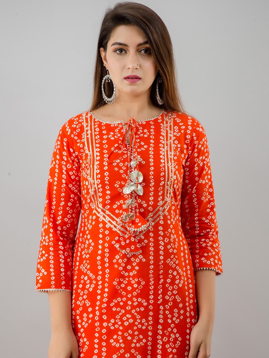 HERE&NOW Orange Tie Up Neck Bandhani Printed Gotta Patti Kurta - Distacart