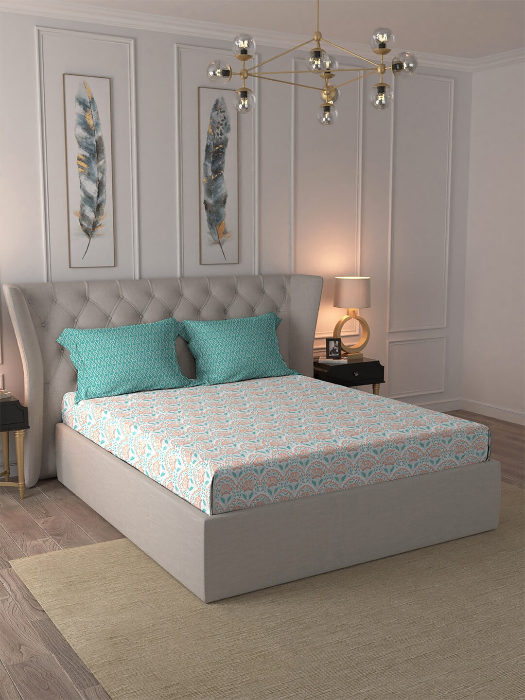 MYTRIDENT Orange Blue Ethnic Motifs Pure Cotton 120 TC Queen Bedsheet With 2 Pillow Covers - Distacart