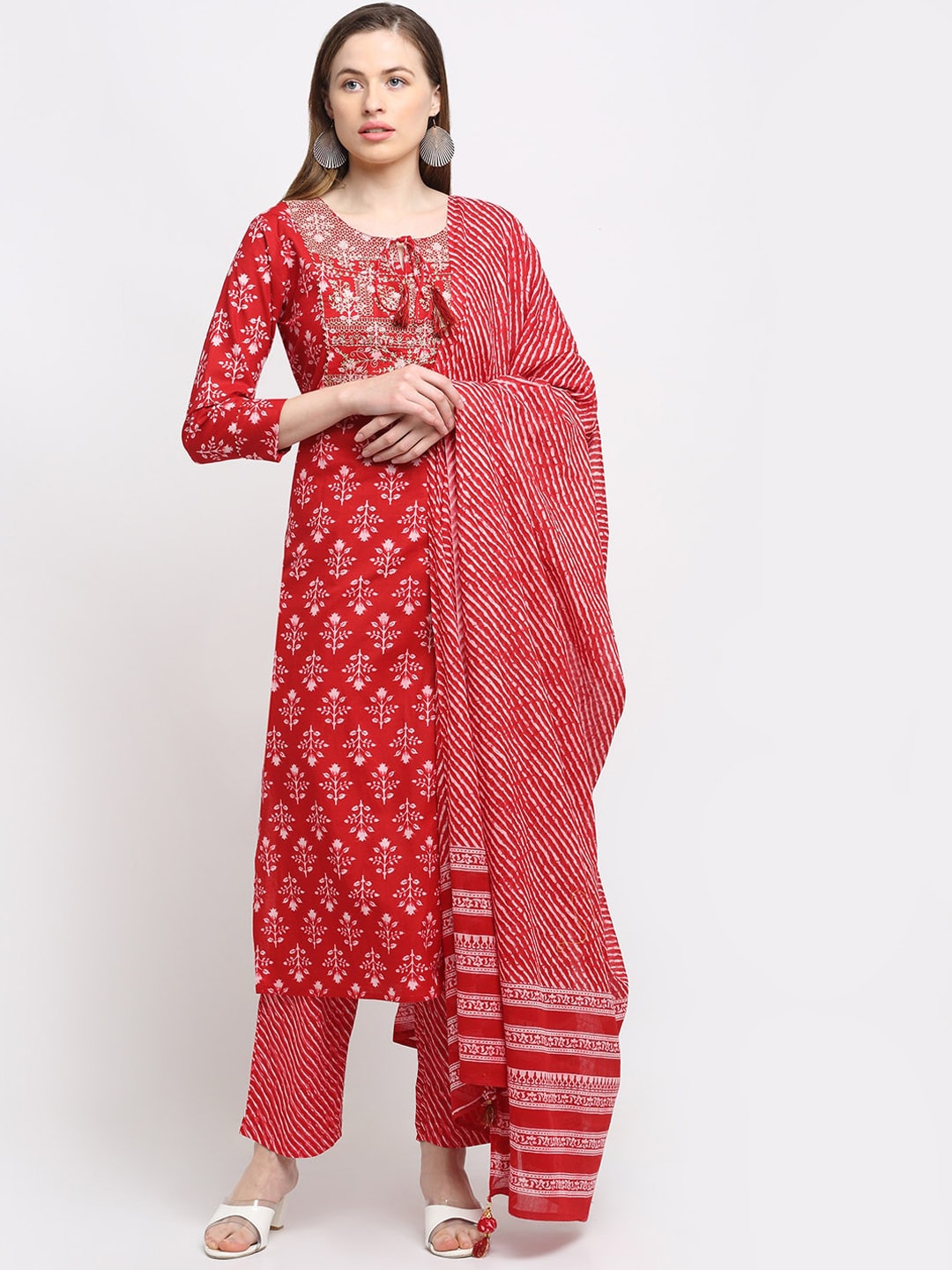 Kalini Women Red Floral Printed Pure Cotton Kurta with Trousers & With Dupatta - Distacart