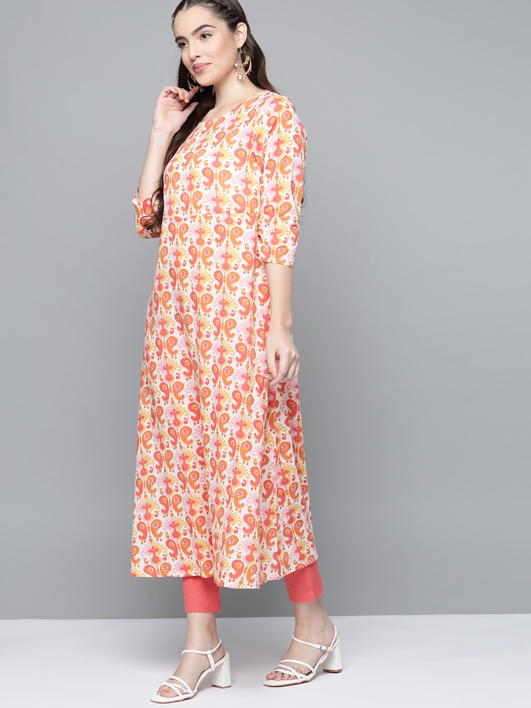 HERE&NOW Women Orange & White Ethnic Motifs Printed Kurta - Distacart