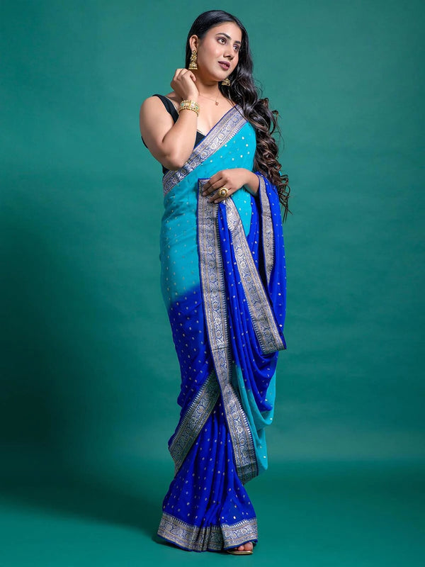 Mitera Blue & Gold-Toned Ethnic Motifs Pure Georgette Half and Half Block Print Saree - Distacart
