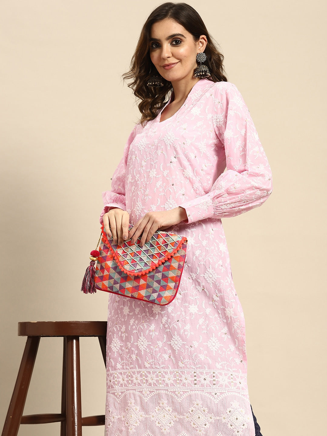 Sangria Floral Embroidered Puff Sleeves Cotton Kurta - Distacart