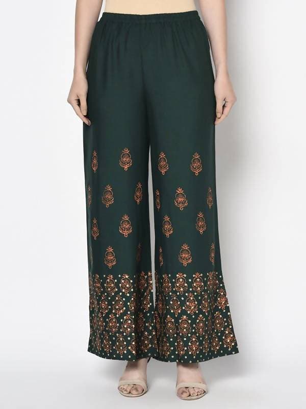 Aniyah Rayon Bottle Green Color Block Print Flared Slip-On Palazzo (AN-219K)