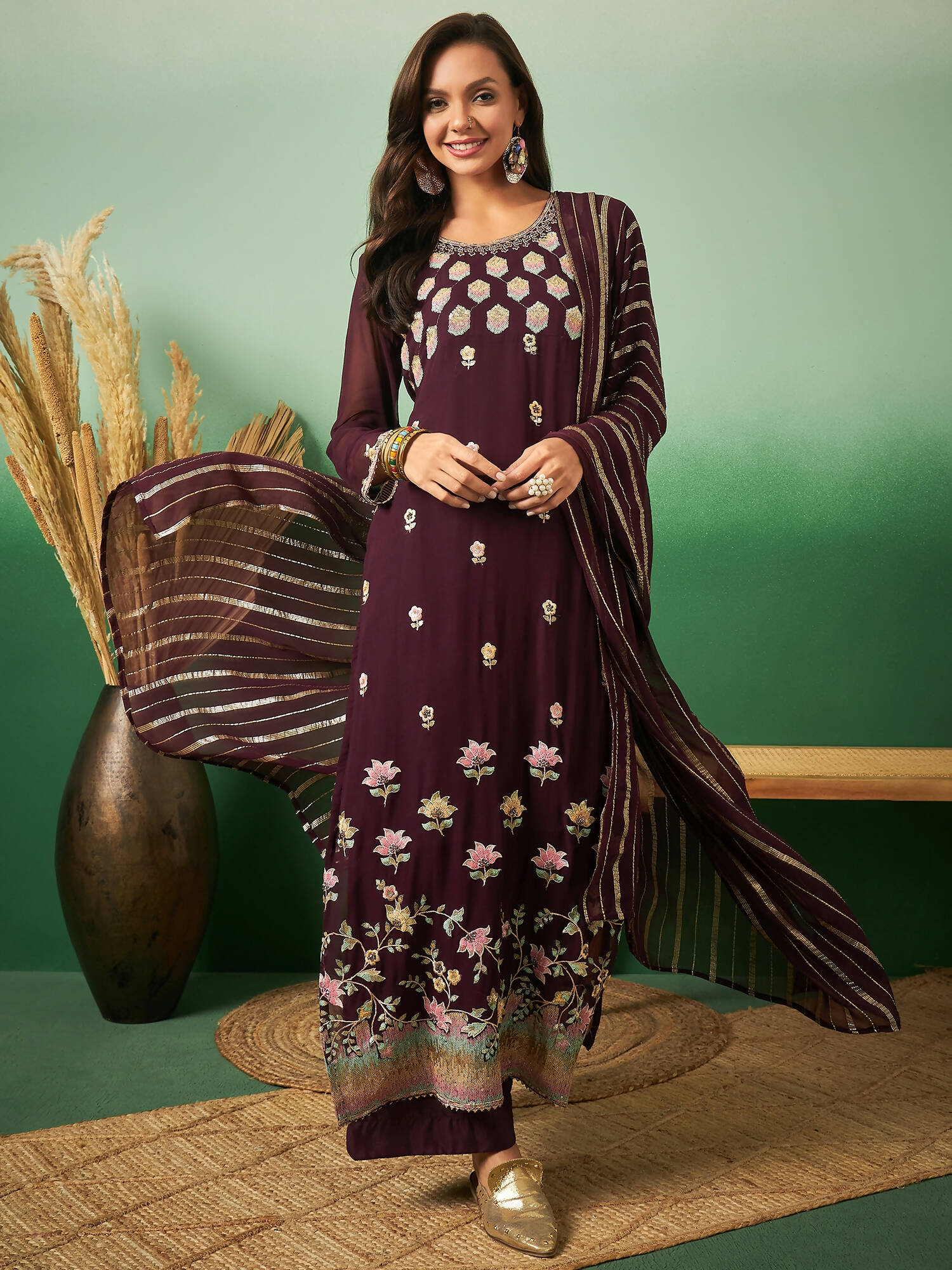 Wine Georgette Handwork Unstitched Dress Material - Hanika - Distacart