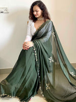 Thumbnail for Mitera Green & Gold-Toned Floral Embroidered Silk Blend Saree - Distacart