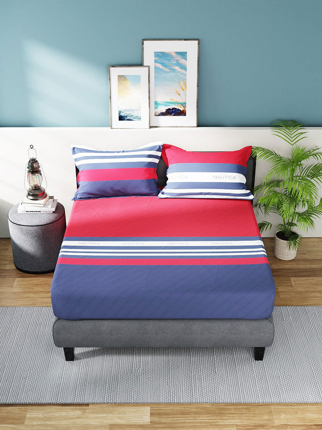 Nautica Bradford Red & Blue Striped 160 TC Pure Cotton King Bedsheet & 2 Pillow Covers - Distacart