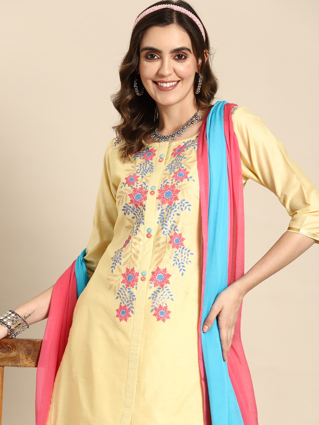 Sangria Women Floral Printed Regular Chanderi Cotton Kurta with Palazzos & With Dupatta - Distacart