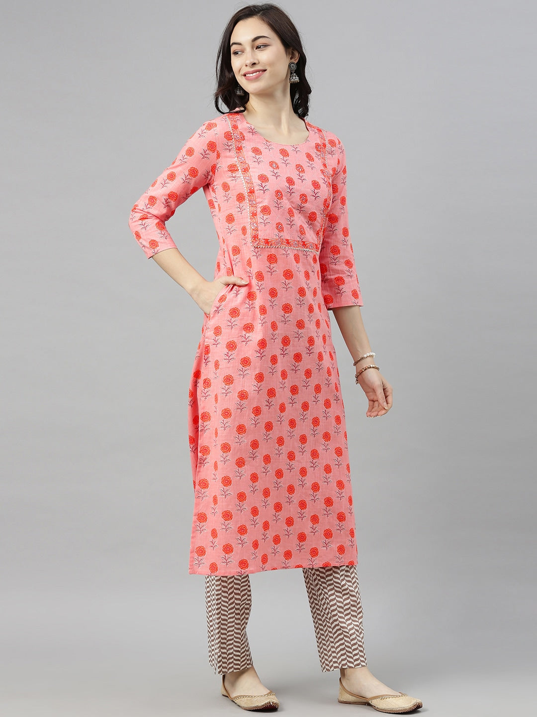 Ahika Women Pink & Off-White Printed Kurta with Trousers & Dupatta - Distacart